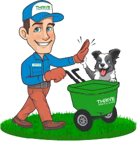 The Thrive Fertilizing mascot high-fiving a dog beside his spreader